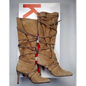 Michael Kors Suede Wrap-Tie Knee Boots Camel Made in Italy Size 6M
